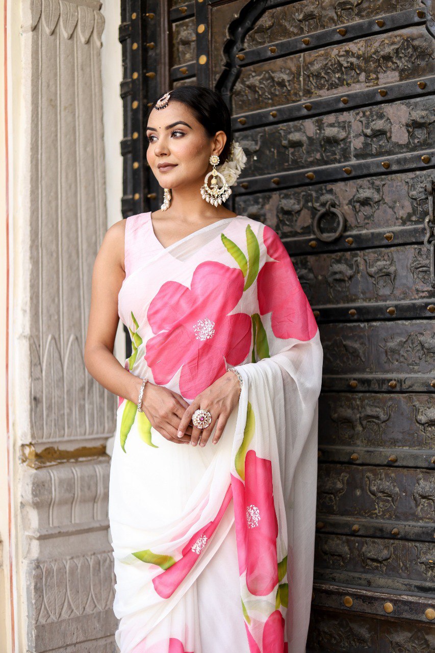 π€ Off-White Printed Georgette Saree Redy To Wear  with Blouse π€